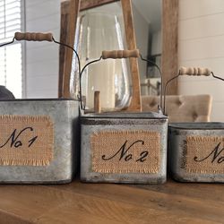 Brand New-  3 Decorative Nestled Metal Storage Containers w/ Canvas Numbered Labels and Wood Handles