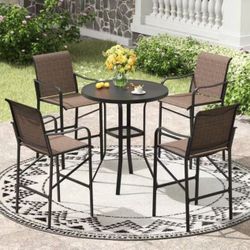 5-Piece Metal Outdoor Patio Bar Set, Black Table & Brown Chairs with Adjustable Umbrella Hole for Balcony