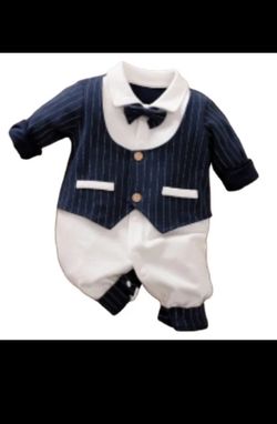 3-24 months Long sleeve navy blue onesie suit with navy blue bow tie