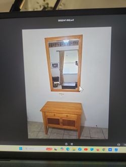 Solid pine console table with mirror, drawer and cabinet