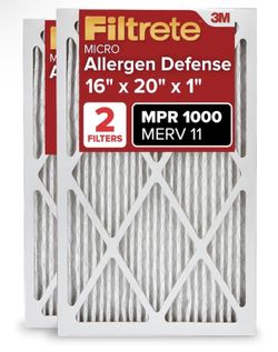 3M Filtrete 16x20x1 AC Furnace Air Filter, MERV 11, MPR 1000, Micro Allergen Defense, 3-Month Pleated 1-Inch Electrostatic Air Cleaning Filter, 2 Pack
