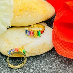 NEW 18k Yellow Gold Plated Rainbow Candy Gemstone Chunky Hoop Huggie Earrings