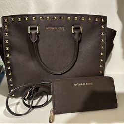 MICHAEL KORS SELMA STUDDED SATCHEL SHOULDER BAG WITH MATCHING WALLET