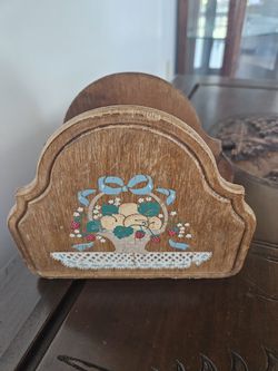 Antique Hand Painted Wooden Napkin Holder 