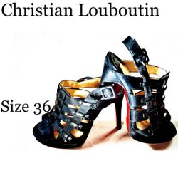 CHRISTIAN LOUBOUTIN Decollete Paquita Caged Black Satin & Leather Heel 36 $995