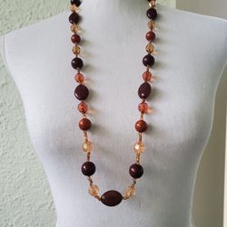 Vintage Necklace Brown and Amber Tone acrylic and lucite Beaded 37 in
