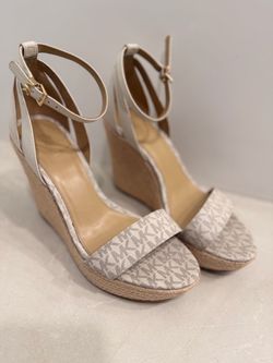Michael Kors MK Wedge Espadrille Sandals Beige Logo Ankle Strap Size 10
