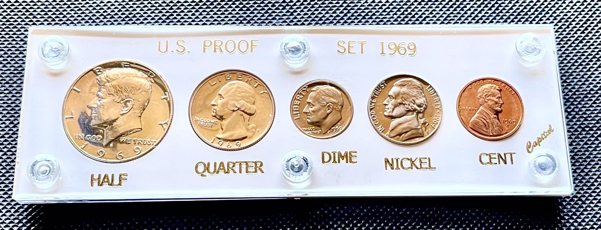 1969 - US Mint Proof Set with Silver Kennedy Brilliant Uncirculated In New Vintage Capital Holder.