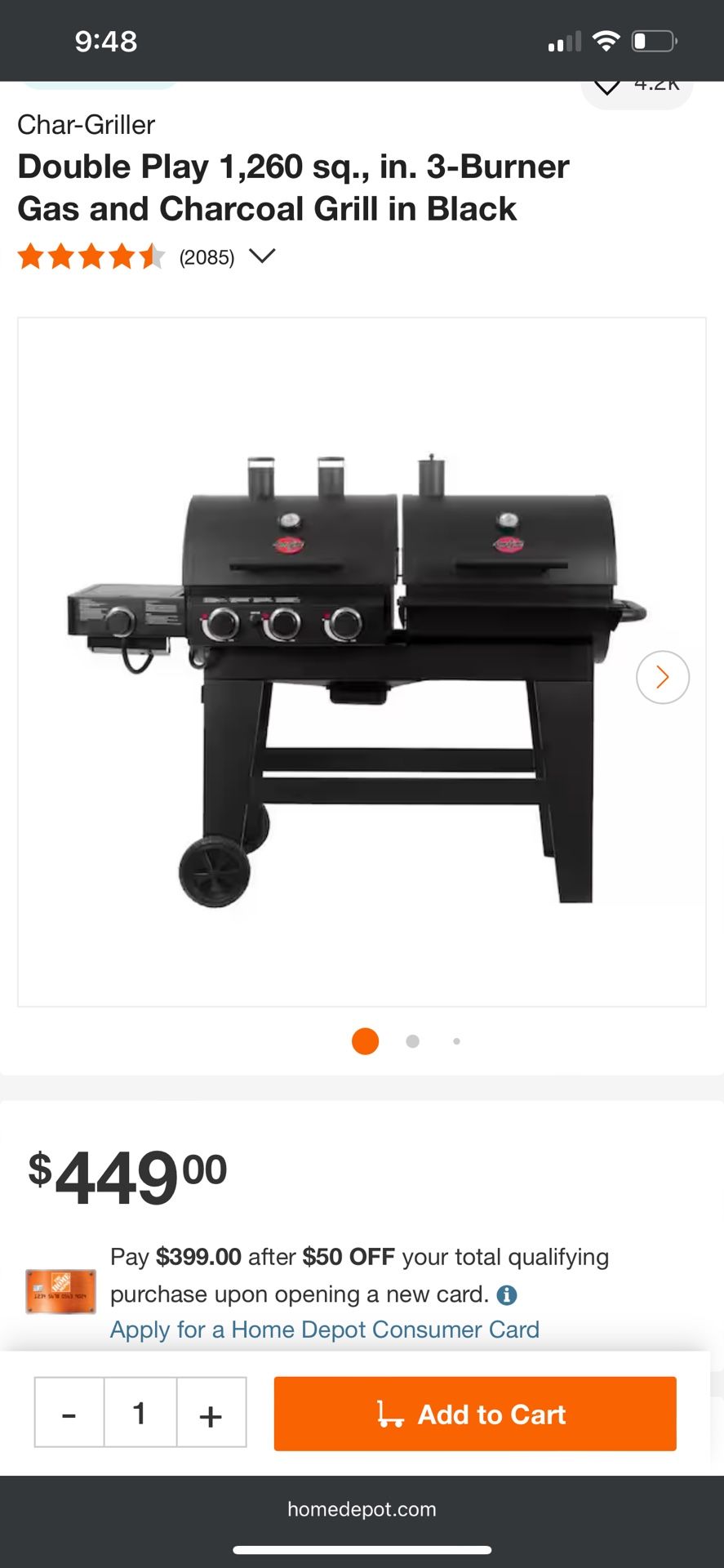 Char-Griller Double Play 1,260 sq., in. 3-Burner Gas and Charcoal Grill in Black