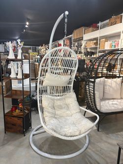 White Wicker Hanging Egg Chair with Stand & Cushions