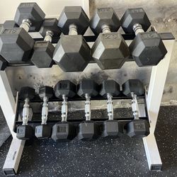 Weight Set -rack And 5,8, 10,12,15, 20 pounds. Two each 