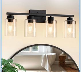 Modern Bathroom Light Fixtures, 4 Light Black Vanity Lights, Bathroom Lighting Fixtures Over Mirror with Clear Glass for Living Room Cabinet Bedroom