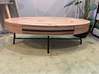 GarveeHome Oval Coffee Table with Drawer Mid-Century Modern Center Table 47.2" Wooden Coffee Table with Storage and Cross Metal Legs Unique Curved Des