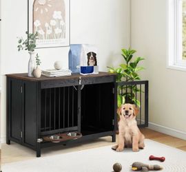 WH 39.4" Furniture-Style Dog Crate for Small & Medium Dogs - Foldable Wood Dog Kennel for Indoor/Outdoor Use, White