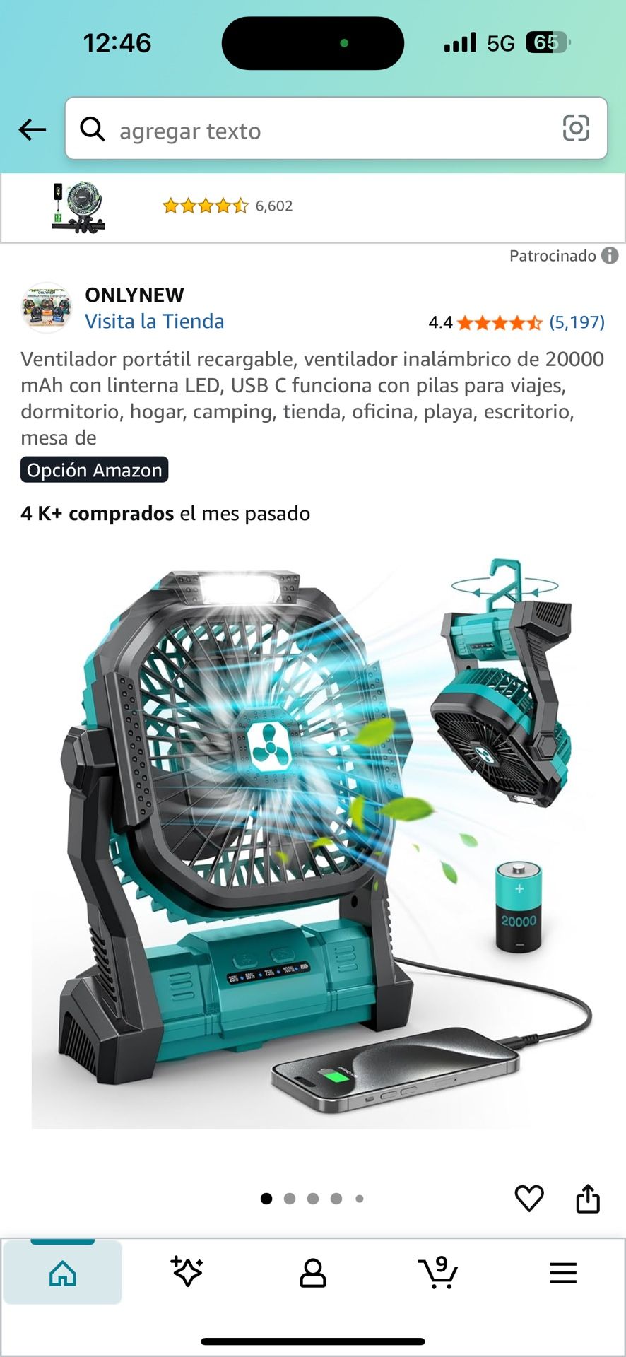 Ventilador portátil recargable, ventilador inalámbrico de 20000 mAh con linterna LED, USB C funciona con pilas para viajes, dormitorio, hogar, camping