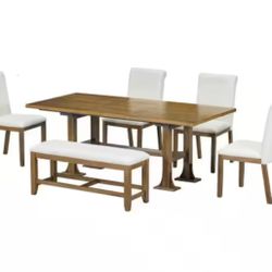 Dark Brown 6-Piece Wood Extendable Table Outdoor Dining Set with Cushions and Upholstered Dining Chair and Bench
