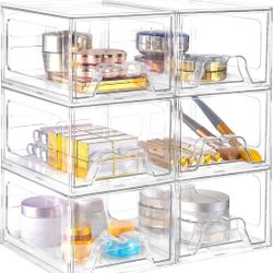 6 Pack Stackable Makeup Organizer, 4.4'' Tall Acrylic Bathroom Makeup Organizer and Storage Drawer with Pull-out Handle