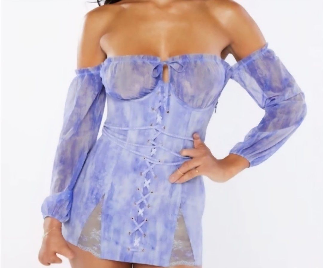 Savage X Fenty Watercolor Tie Dye Corset Dress, Large, Sexy Lace Bourdeax lingerie- Purple/Lavender