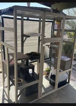 Large Outdoor Gray Wooden Catio – Solid Wood Cat Enclosure with 5 Platforms & 2 Resting Boxes, UV-Resistant & Waterproof Outdoor Cat House Shelter Pla