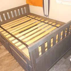 Solid Pine Full Size Bed Frame With Under Storage Drawers 