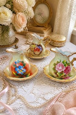 Enesco Set of 3 Porcelain Floral Pitcher and Saucer Sets