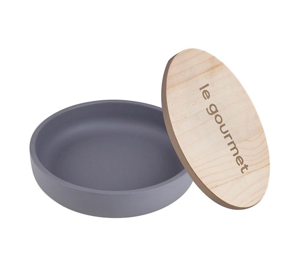 Dark Grey 2”x7” Cement Serving Bowl with Wood Lid “Gourmet”, NEW