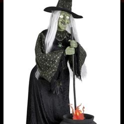 Life Size Witch With Flaming Cauldron Halloween Animatronic