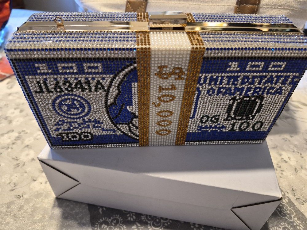 DOLLAR RHINESTONE BLING PURSE WITH CHAIN