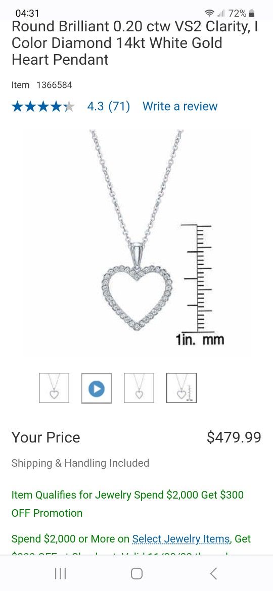 Round Brilliant 0.20 ctw VS2 Clarity, I Color Diamond 14kt White Gold Heart Pendant
