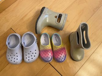 Baby shoes size 5 rain boots size 6 crocks