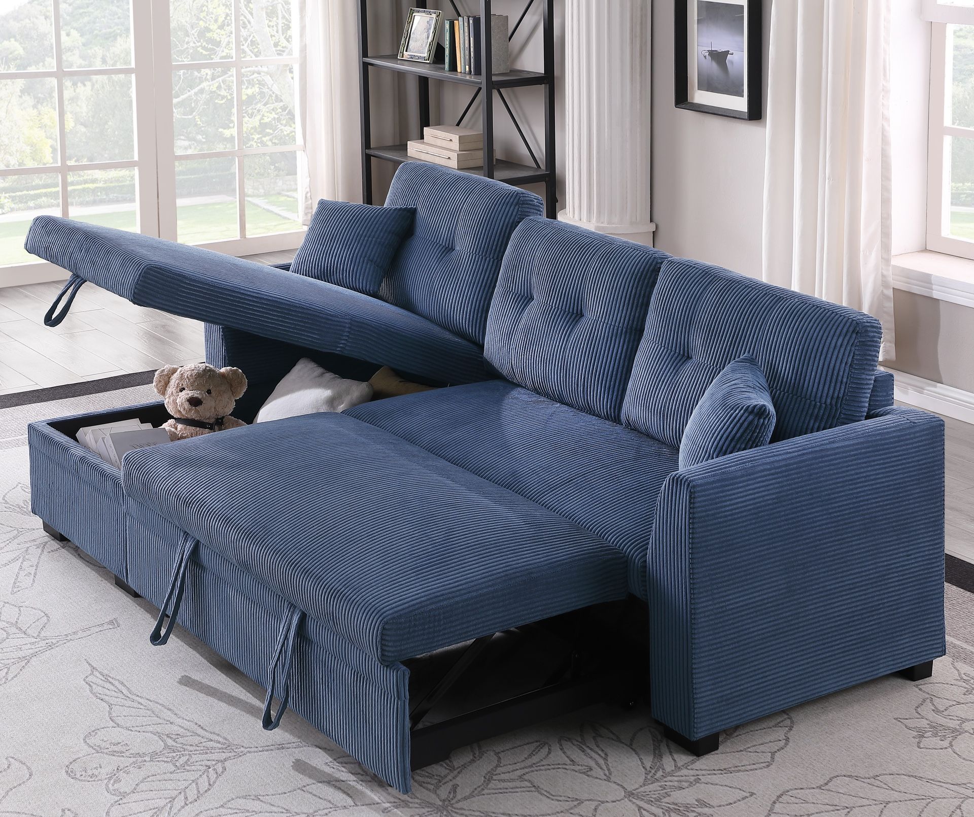Corduroy Sleeper Pull-Out Sofa Bed Sectional Couch with Reversible Storage Chaise