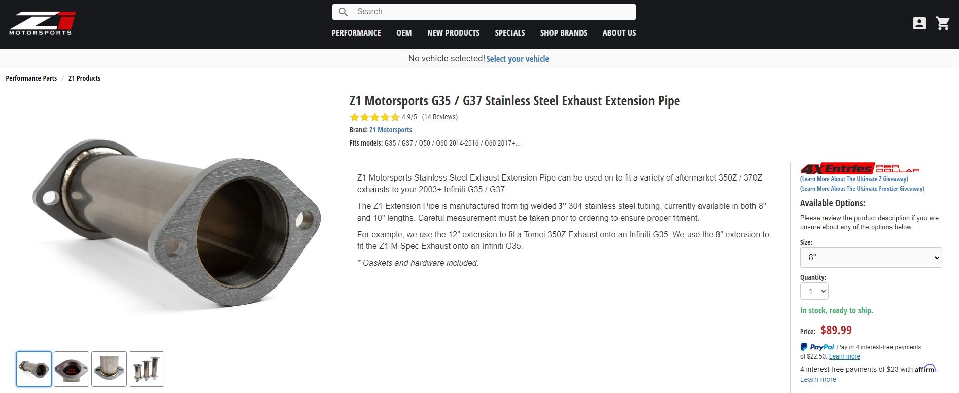 Z1 G35 / G37 Stainless Steel Exhaust Extension Pipe for Sale in Mesa