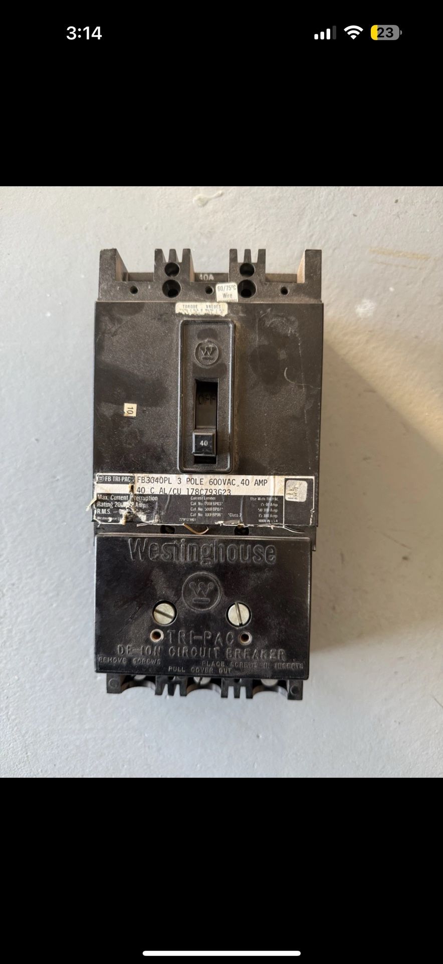 WESTINGHOUSE FB3040PL 40A 40 AMP CIRCUIT BREAKER 3 POLE 600VAC