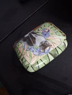 Ceramic Cat Trinket Box with Floral Design
