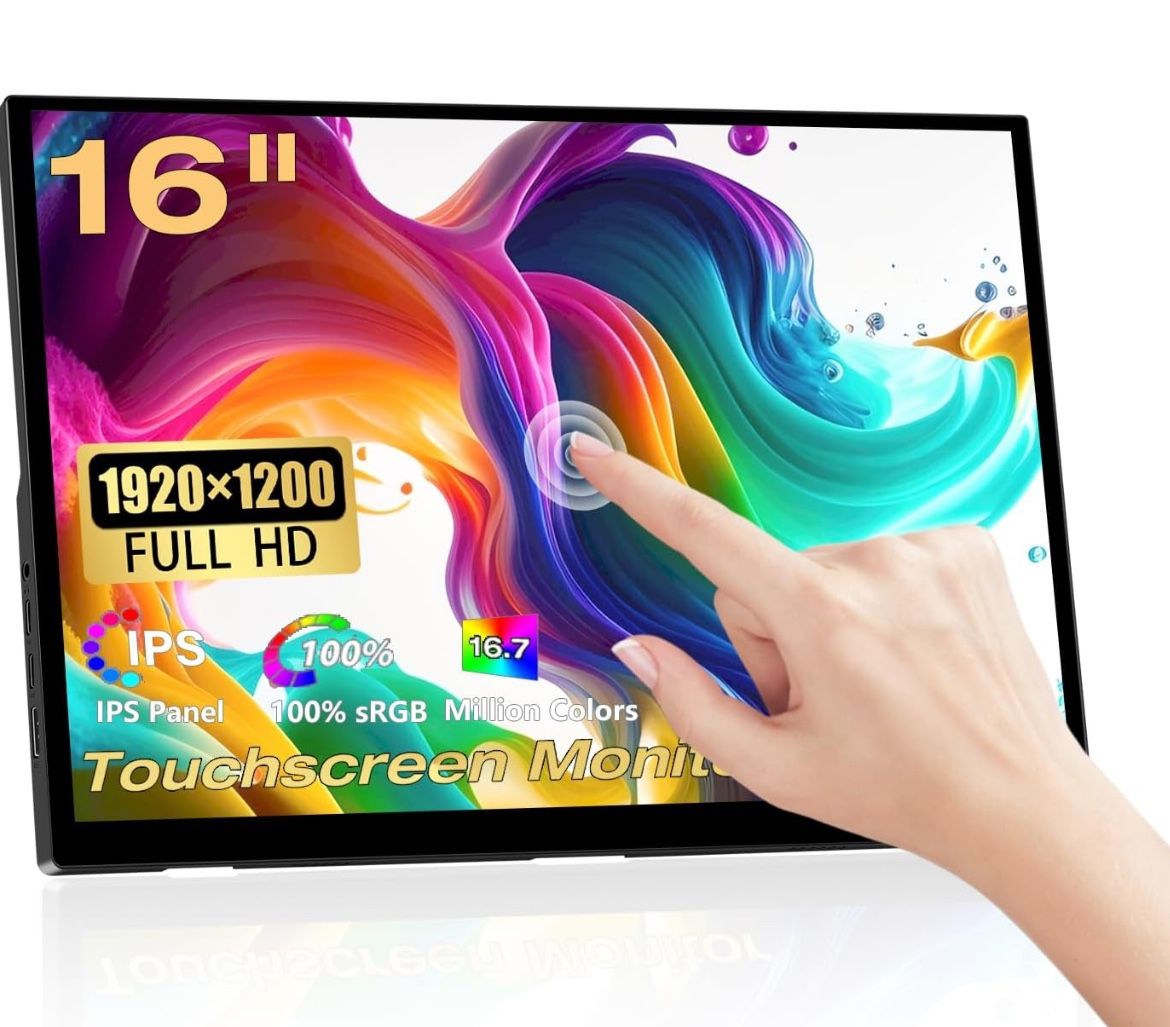 Portable Touchscreen Monitor, 16 Inch 1920X1200P Monitor IPS Touch Screen Monitor with USB C HDMI Port, 300cd/m², External Monitor for Laptop PC Phone