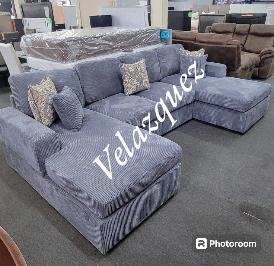✅️✅️ 4 pc dark grey corduroy fabric sectional sofa with doble chaise ✅️