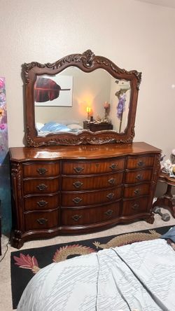 Ornate Cherry Wood Dresser Set with Mirror + Nightstand