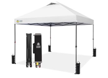 CROWN SHADES 10×10 Pop Up Canopy - Patented Center Lock One Push Instant Outdoor Canopy Beach Tent with STO-N-Go Bag 8 Stakes & 4 Sand Bags, White