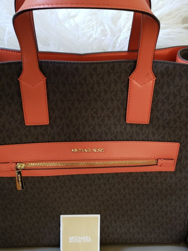 Michael Kors Kenly Large North South Tote Leather Brown MK Signature  Tangerine NEW for Sale in Santa Clara, CA - OfferUp