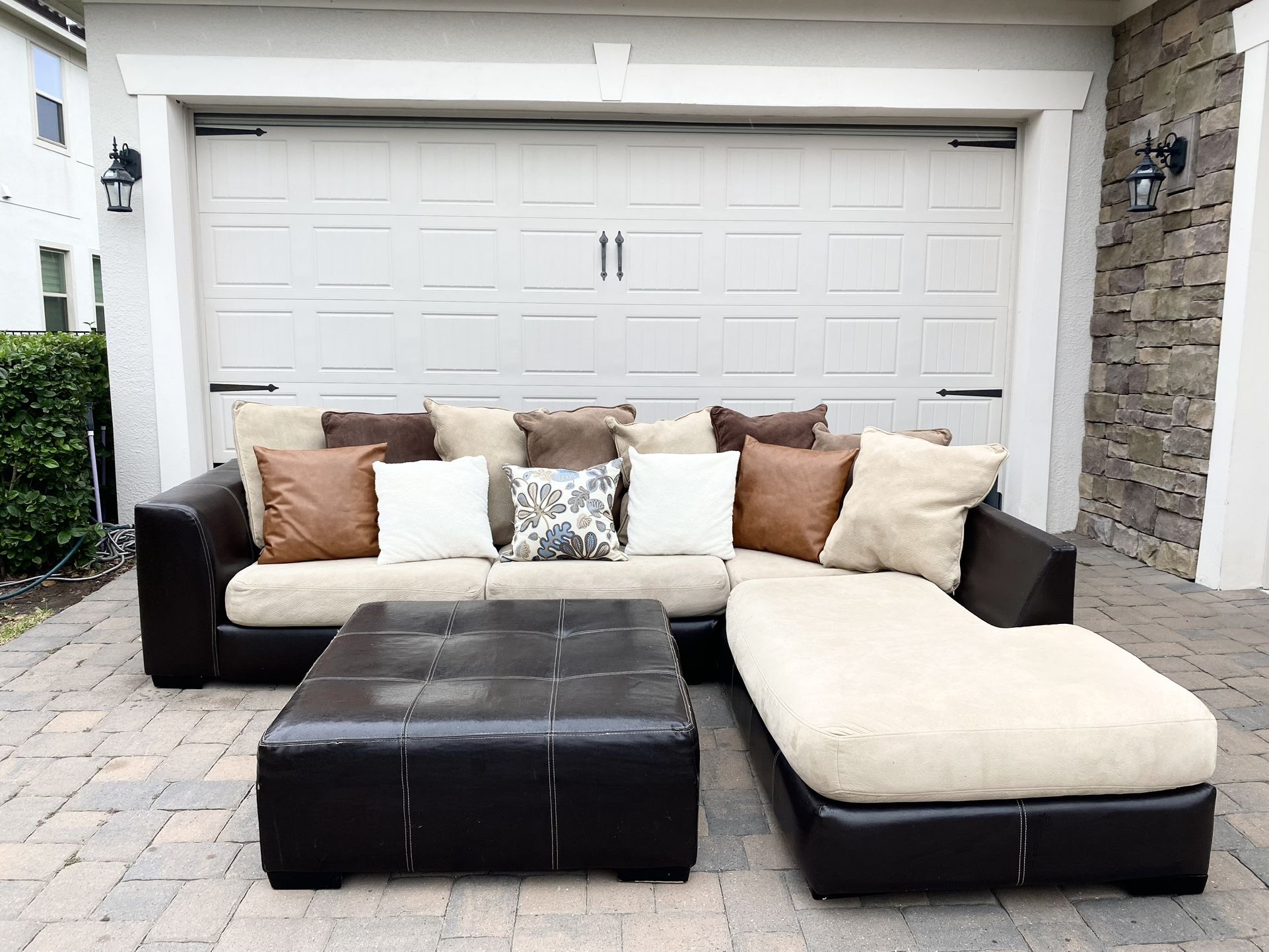 Leather & Cream Style Sofa+ Ottoman  Set 