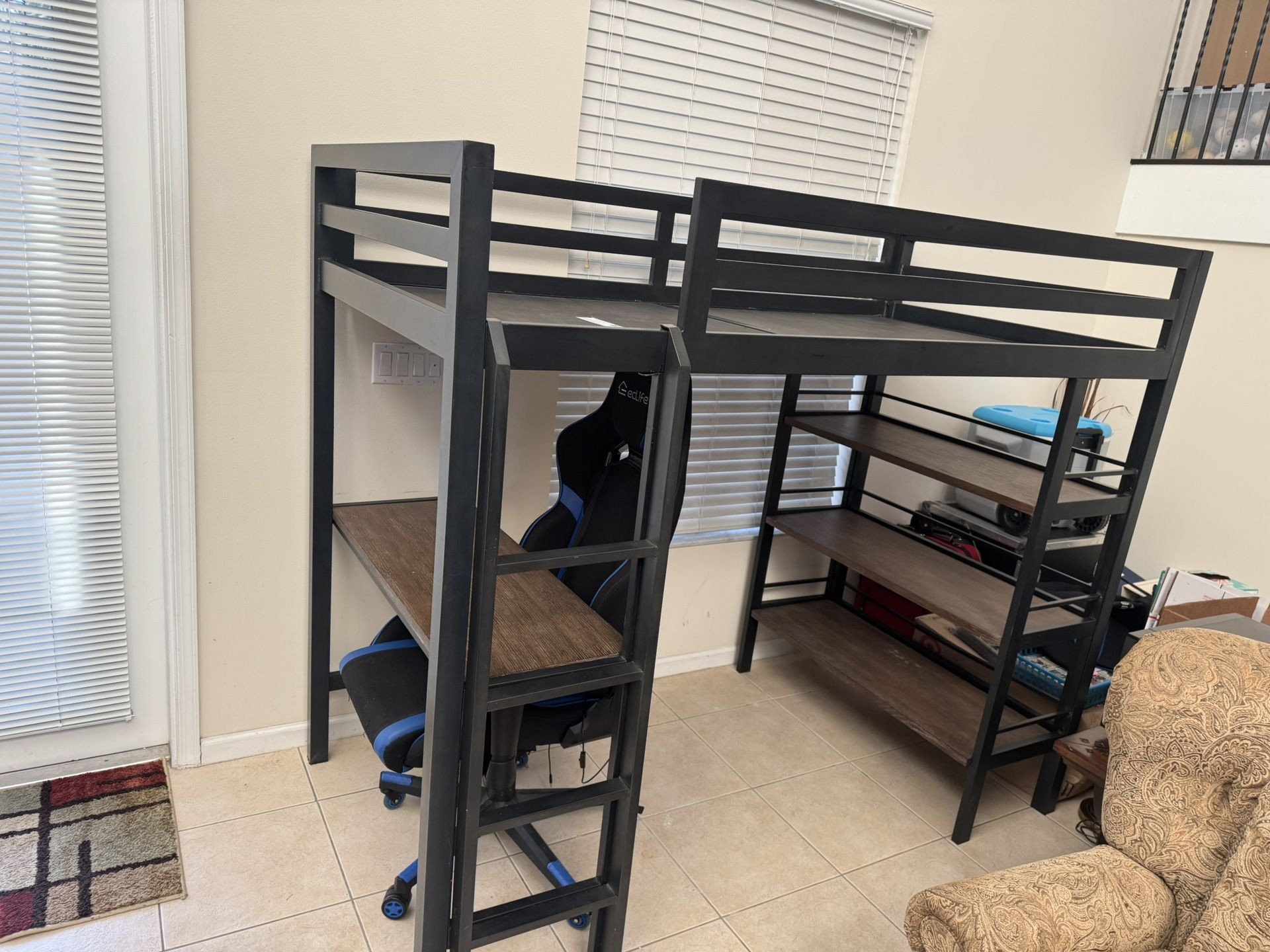 Restoration Hardware Metal Industrial Loft Twin Study Bunk Bed with Desk/Shelf Storage