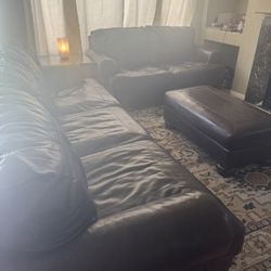 Dark Brown Leather Living Room Set, (Couch 3,couch 2 ,loveseat And Ottoman) 