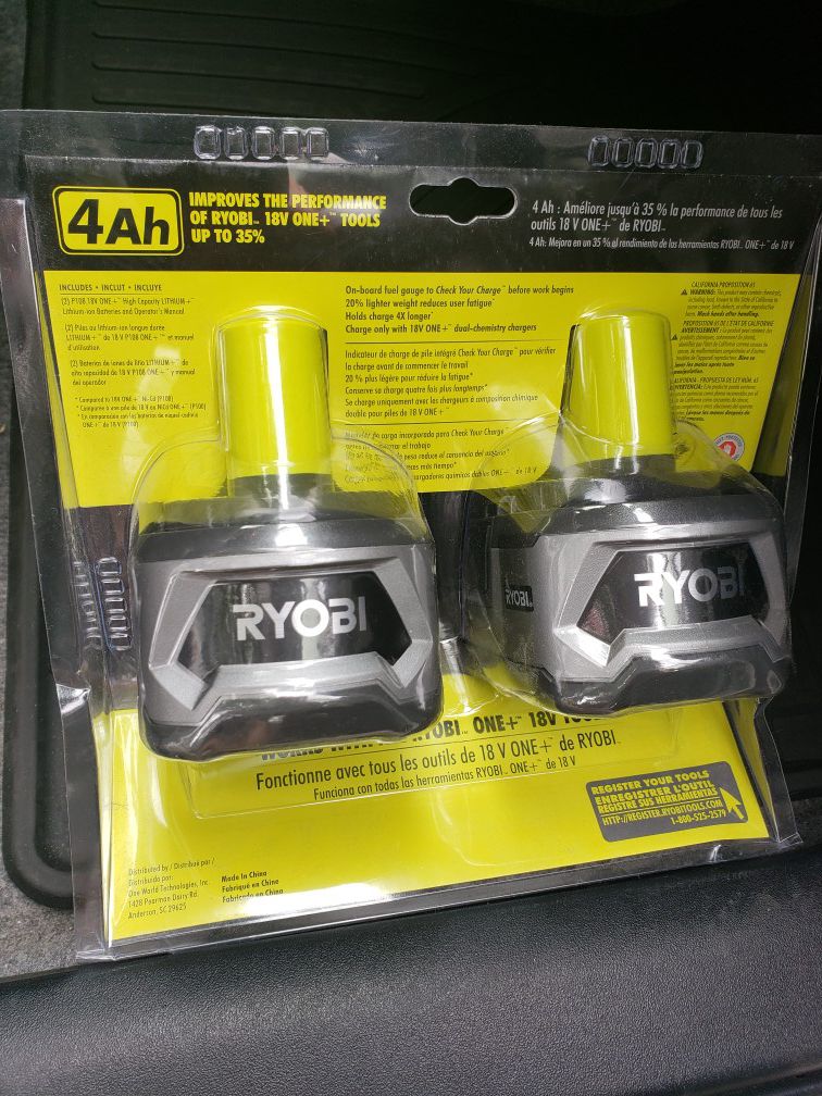 New Ryobi 2 Pack 18V One+ 4AH Battery