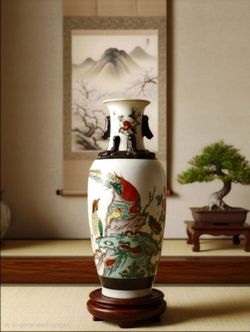 Vintage HandPainted Vase  Phoenix Design on Nanking Crackle Glass Stamped 12" T