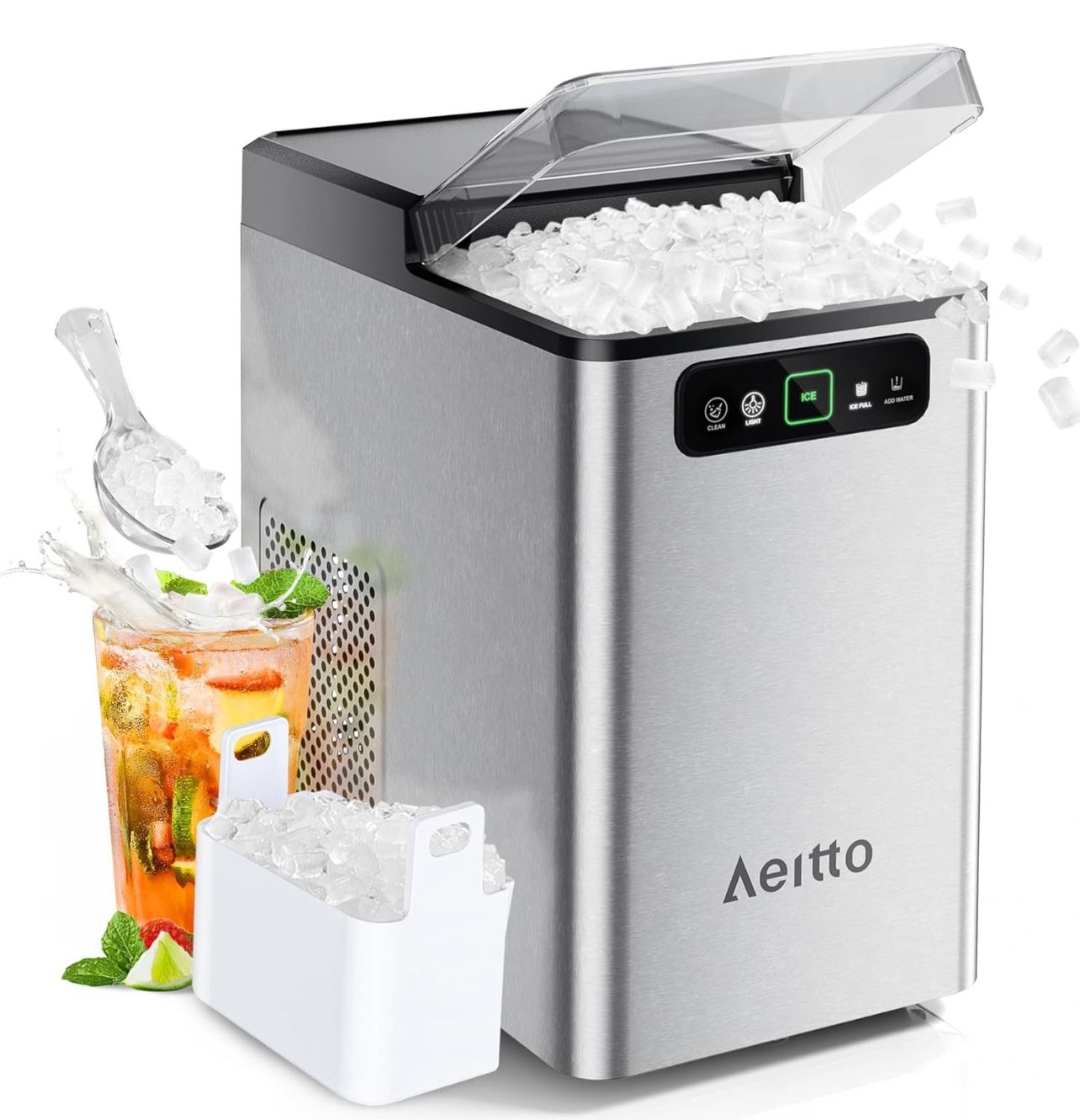 Nugget Ice Maker 40Lbs/24H, Countertop Soft Chewable Ice Pebble Ice Machine, One-Click Operation, Auto Self-Cleaning Ice Makers with Scoop&Basket for 
