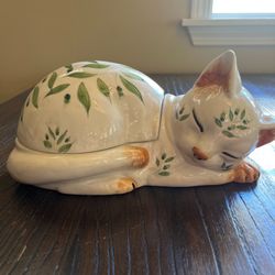 Vtg Ceramic Meiselman Sleeping Cat Hiding Mouse Hand Painted Italy Trinket Dish