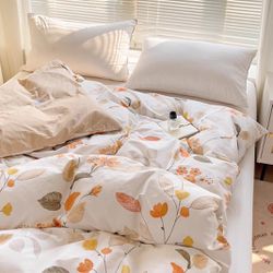 Floral Cotton Duvet Cover Queen Orange Flower Garden, Bedding 3 Pcs Comforter Cover 2Pillowcases Zipper Closure Soft Breathable Comfy