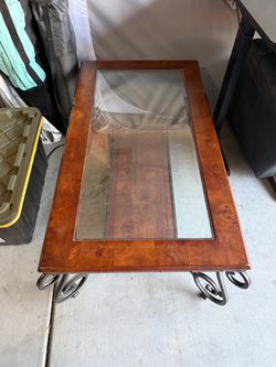 Wood and Glass Coffee Table with Iron Base
