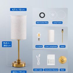 Vtuik Bedside Lamp with USB Charging, Set of 2, Touch Dimmable Table Lamp for Nightstand, Gold Metal Base & Linen Shade, Cordless Decor Lighting for B