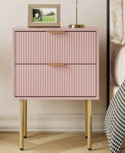 ADORABLE PINK SIDE TABLE BRAND NEW 2 DRAWERS OPEN CLOSE SMOTHLY GOLD METAL LEGS
